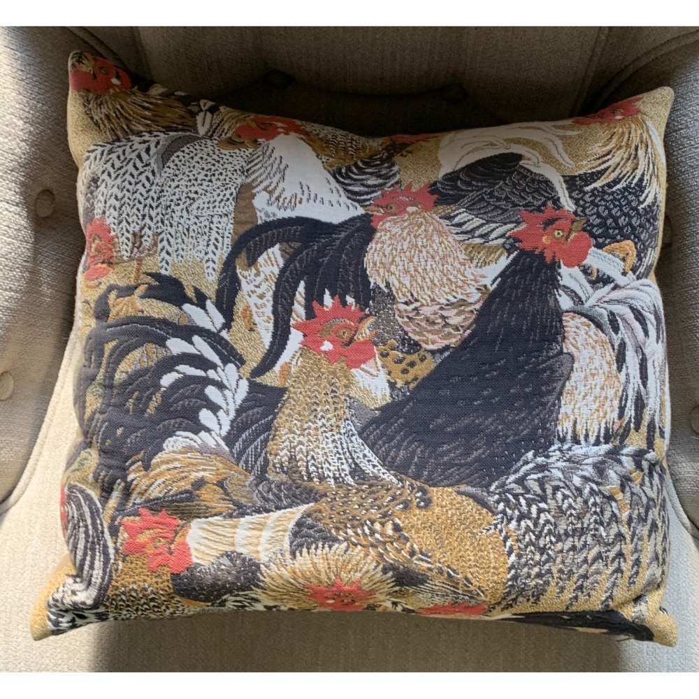 Jules Pansu Designer Luxury Rooster Tapestry Pillows Pair Retro Cottagecore